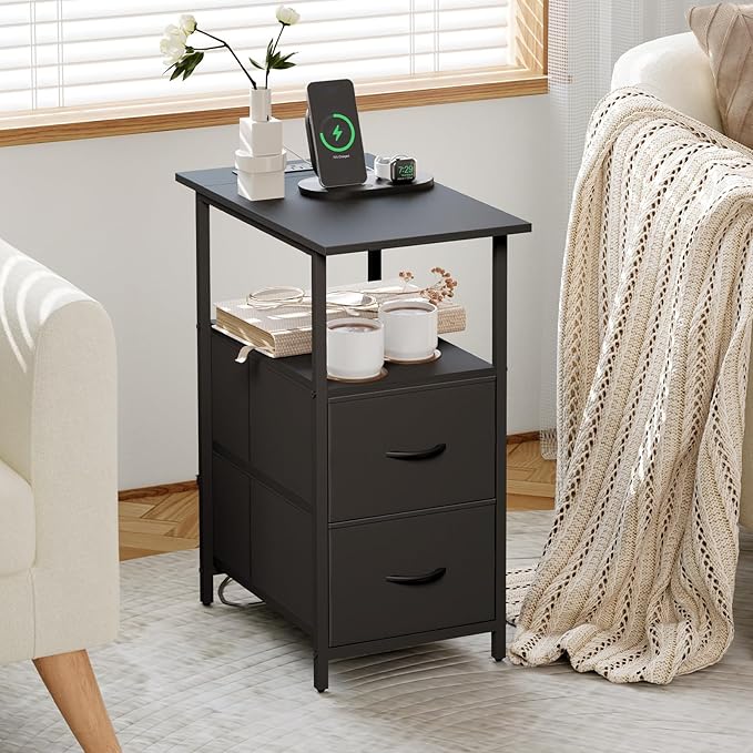 Somdot End Table with Charging Station, Narrow Side Table with 2 Fabric Drawers, Skinny Nightstand with Storage, Small Slim Bedside Table for Living Room, Sofa, Bedroom, Couch, Black