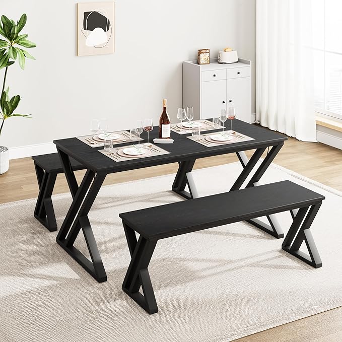 GAOMON Dining Table Bench Set for 4, Kitchen Table Set with 2 Benches, Rectangular Dining Room Table Set with Sturdy Metal Frame, Saving Space for Kitchen, Dining Room, Apartment
