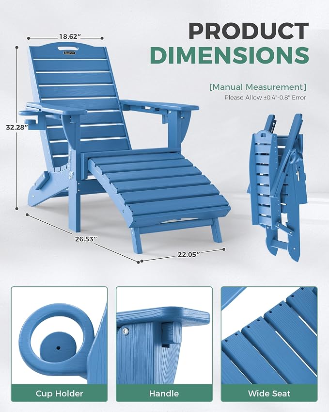 Adjustable Adirondack Chairs Set of 6 with Retractable Ottoman, HDPE Folding Adirondack Chair with Cup Holders, Weather Resistant for Backyard, Poolside & Fire Pit(Navy Blue)