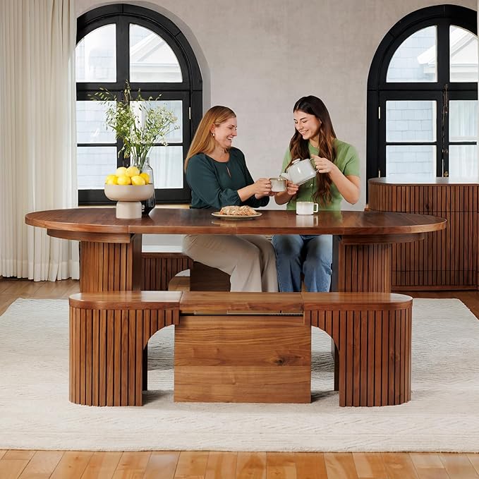 Transformer Table - Solid Wood Extendable Round Dining Table Set, Expandable Dining Table, Elegant and Functional Design, Perfect for Dining Room, Royal Brown (Table + 2 Benches)