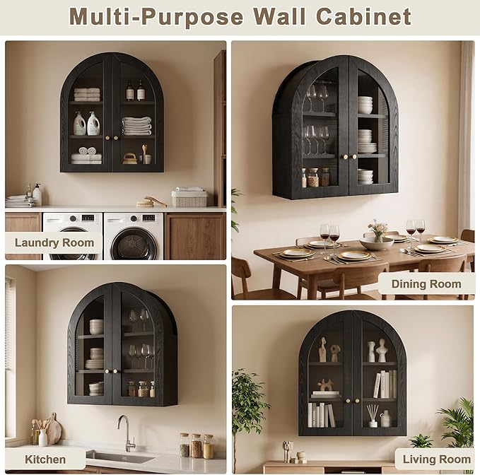 Arched Wall Cabinet, Bathroom Cabinet Wall Mount with Glass Doors & Adjustable Shelf, Floating Medicine Cabinet for Bathroom, Kitchen, Living Room Storage, Black