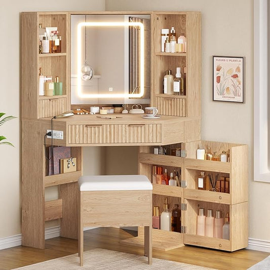 BTHFST Corner Vanity Desk with Lights and Charging Station, Makeup Vanity with Lights, Vanity Set with Mirror and Storage Stool, Makeup Table with Drawers, Rotating Shelves (Natural Oak)