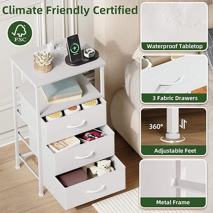 Somdot White Nightstand with Charging Station and LED Light for Bedroom, Tall 3 Drawers Dresser with Fabric Bins for Bedside Kids Dorm Room Closet Laundry Entryway, White Leather