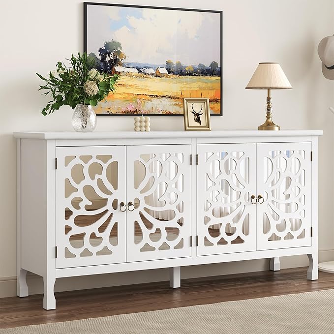 RoyalCraft 63'' Buffet Cabinet with Mirror Butterfly Carved Door, Sideboard Cabinet with Adjustable Shelves, Vintage Accent Credenza Media Console for Entryway, Kitchen, Satin White