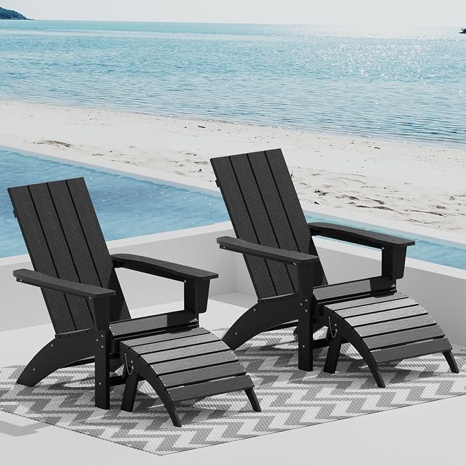 Folding Adirondack Chair with Ottoman Weather Resistant Foldable Fire Pit Chairs with Footrest HDPE Outdoor Adirondack Chair for Patio Front Porch Pool Garden Deck Fire Pit Outside, Black