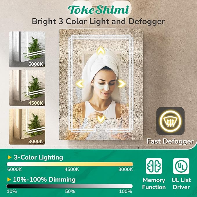 TokeShimi 24x32 Inch Lighted Medicine Cabinet, LED Medicine Cabinet with Lights, Wall-Mounted Bathroom Cabinet Mirror with 3 Color Temperature, Anti-Fog, CRI 80+, Memory Function, Tempered Glass