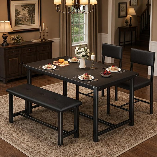 GarveeHome Dining Table Set for 4 with 2 Upholstered Chairs and Bench, 4 Piece Wood Kitchen Table Set for Small Spaces, Apartment and Dining Room, Retro Black
