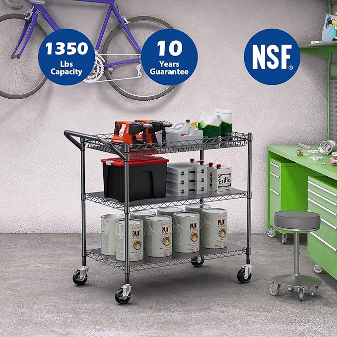 WDT 1350Lbs Capacity Heavy Duty Rolling Utility Cart, NSF Rolling Carts with Wheels,Commercial Grade Metal Cart with Handle Bar & Shelf Liner,Trolley Serving Cart for Restaurant,Kitchen,Black