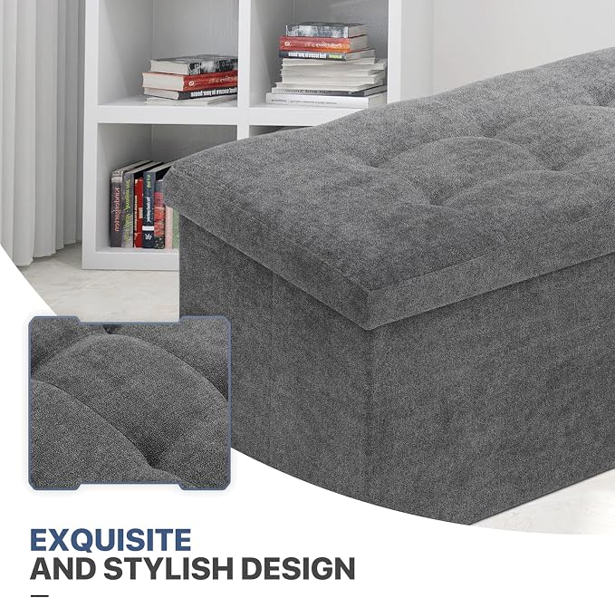 MoNiBloom 30 Inches Storage Ottoman Bench, Rectangle End of Bed Bench, Storage Padded Seat, Linen Fabric Ottoman Footrest for Living Room, Bedroom, Entryway, Dark Gray