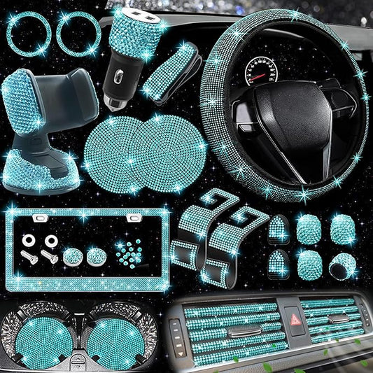 NBTEPEM 27 PCs Aquamrine Bling Car Accessories Set for Women, Steering Wheel Covers Universal Fit 15 Inch, Bling License Plate Frame, Bling Phone Holder, Bling Car Coasters (Aquamrine Diamond)