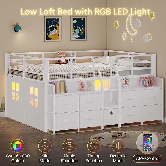 Dnxao Low Loft Bed Full Size with 9 Storage Drawers, Metal Kids Full Size Loft Bed Frame with Bookcase LED Lights & Charging Station, Space-Saving Under-Bed Secret Play Fort Bedframe, White