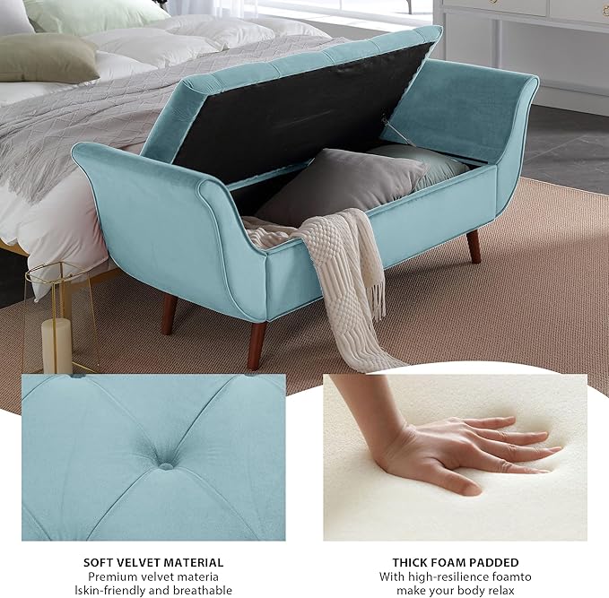 Storage Bench for Bedroom End of Bed, Velvet Upholstered Rolled Armed Button Tufted Sofa Stool Bench, Storage Ottoman Couch Long Bench with Solid Wood Legs (Blue)