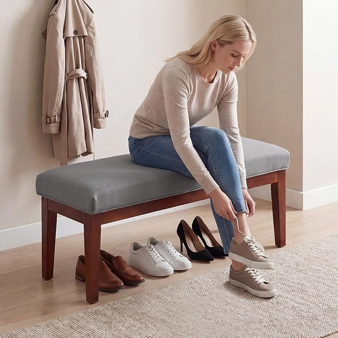 43.5" Upholstered Bedroom Bench, Linen Entryway Bench with Solid Wood Legs, End of Bed Bench with Cushion, Dining Bench for Living Room, Bedroom, Hallway, Light Grey