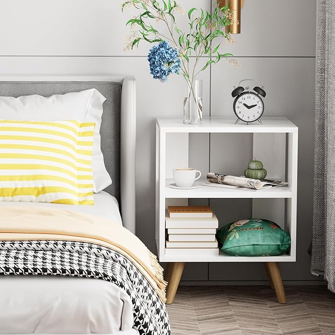 Aenuert Night Stand, White Nightstand, Modern End Table with Open Storage, 2-Tier Bedside Table for Small Space, Living Room, Bedroom