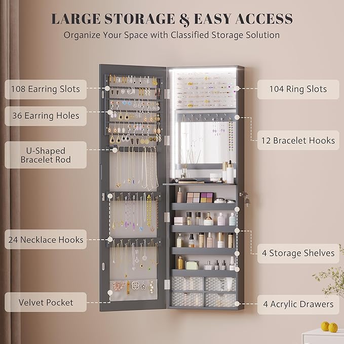Vlsrka 47.2" LED Grey Jewelry Mirror Cabinet, Wall/Door Mounted Jewelry Armoire Organizer with Full-Length Mirror, Large Capacity Storage Hanging Cabinet, 4 Drawers, 5 Shelves
