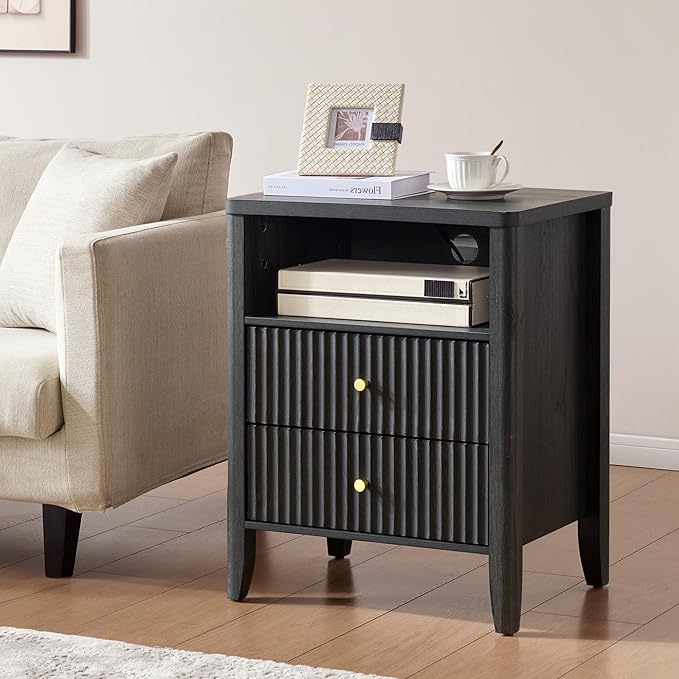 Fluted Nightstand with Charging Station, 21" Wide Modern Bedside Table with 2 Drawers & Open Shelf, Wood End Table with Storage & Metal Handle for Bedroom, Living Room, Small Spaces, Black