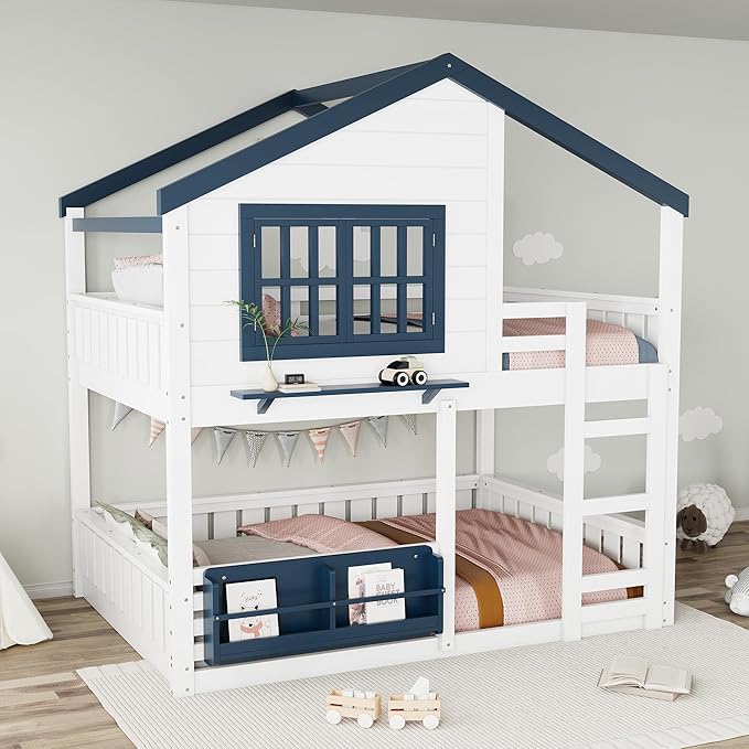 Full Size House Bunk Bed Frame with Storage Bookshelf, Window, Wooden Floor Bunk Bed with Fences, Space Saving for Kids Adults, No Noise, White