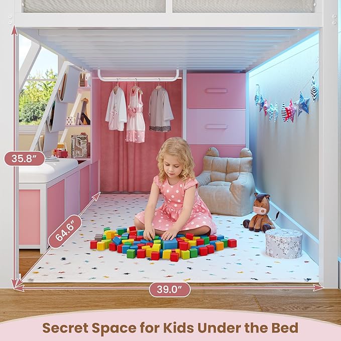 MSmask Low Loft Bed with 7 Storage Drawers & Reading Nook, Kids Twin Loft Bed with Bookshelf, LED Lights & Safety Guardrail, Loft Bed Twin Size with 35.8''H Play Space, Inclined Ladder, White & Pink