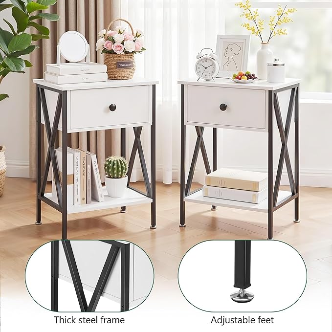 VECELO Nightstands Set of 2, Modern Bedside End Tables, Night Stands with Drawer and Storage Shelf for Living Room Bedroom, Industrial Metal Frame