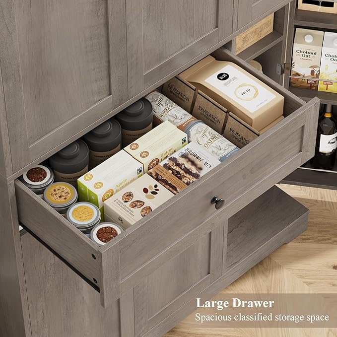HOSTACK 68" Tall Kitchen Pantry Storage Cabinet, Modern Kitchen Hutch Cabinet with Doors and Shelves, Freestanding Food Pantry with Large Storage Drawer for Dining Room, Living Room, Ash Gray