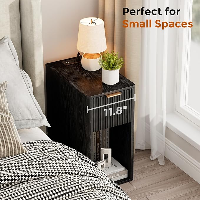 Homleke Narrow End Table with Fluted Drawer and Charging Station, Small Nightstand with USB Ports & Outlets, Bedside Table for Bedroom or Living Room, Modern Accent Table, Black