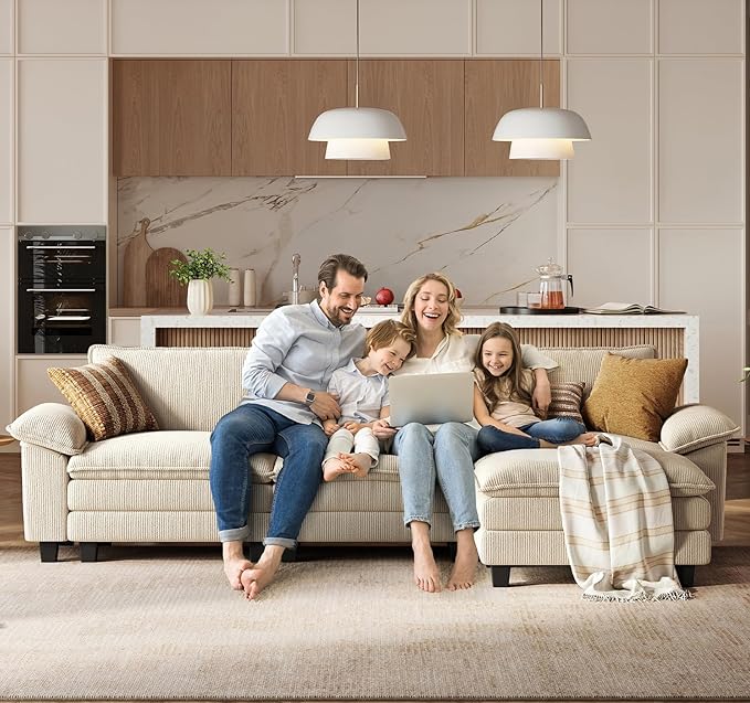 LINSY HOME 157" Modular U-Shaped Sectional Sofa, 4-Seat Corduroy Modern Cloud Couch with Deep Seat & 2 Movable Ottoman, Perfect for Living Room, Office, Bedroom, Beige