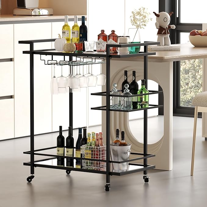 Black Bar Cart, 2-Tier Glass Shelves Rolling Serving Cart with Wheels, Modern Mobile Home Bar Trolley for Kitchen, Living Room, and Dining Room