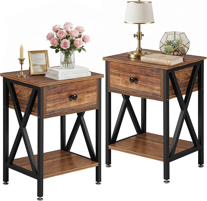 VECELO Nightstands Set of 2, Modern Bedside End Tables, Night Stands with Drawer and Storage Shelf for Living Room Bedroom, Industrial Metal Frame