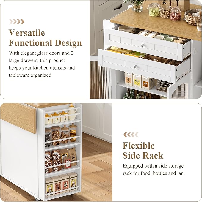FINETONES Kitchen Island with Storage, Rolling Kitchen Island on Wheels with Wood Drop Leaf Countertop, Island Table Bar Cart with Spice Towel Rack Portable Kitchen Table Kitchen Carts on Wheels