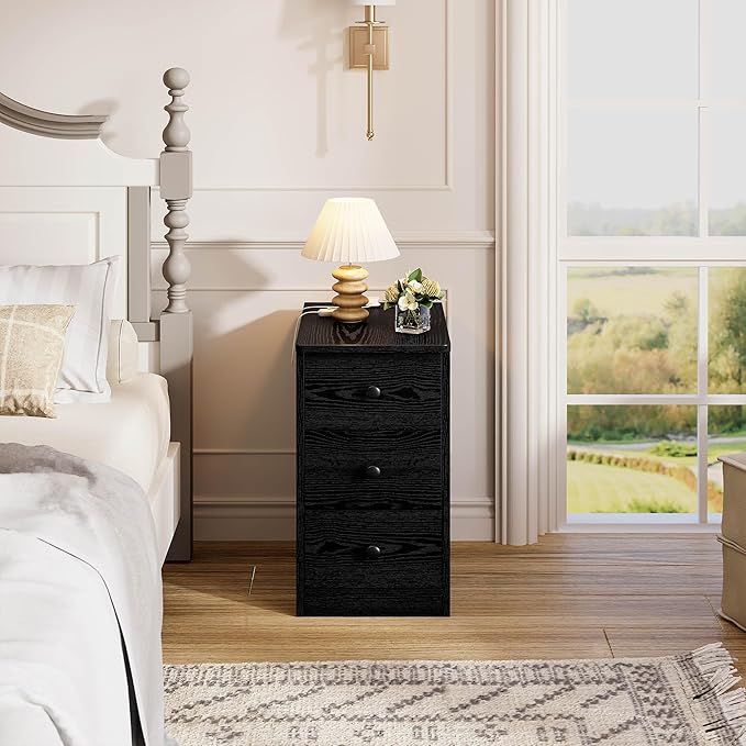 LIKIMIO Nightstand with Charging Station, Narrow Bedside Table with 3 Drawers, End Table with USB Ports and Outlets, Side Table for Living Room/Bedroom Modern