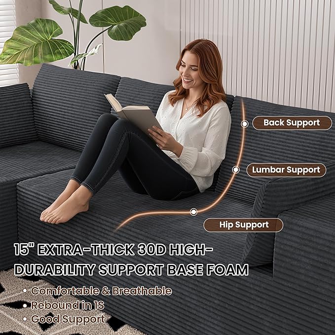 106" Cloud Sectional Boneless Couches for Living Room, Modular U Shaped Couch with Deep Seat, Removable Ottoman, Memory Foam Compressed Spineless 4 Seater Sofa for Bedroom Apartment, Grey