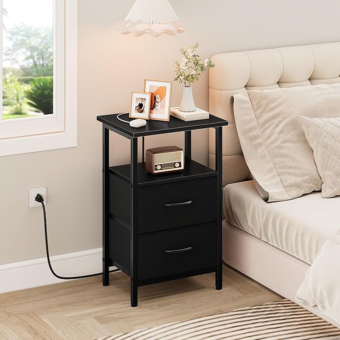 Vagusicc Nightstand with Charging Station, End Table Bedside Table with 2 Fabric Drawers, Black Night Stand with USB Ports & Outlets, 24.2" Tall Bed Side Table with Storage Shelf for Bedroom, Black