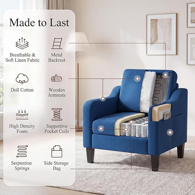 Accent Chair for Living Room, Mid-Century Upholstered Armchair with Foldable Table & 2 Side Pockets, Modern Linen Wooden Sofa Chair for Bedroom & Reading Room, Blue