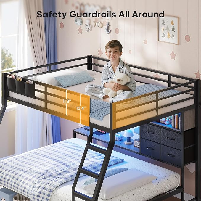 BTHFST Full Over Full Bunk Beds with 4 Storage Drawers & Shelves & Bedside Caddy, Bunk Bed with Charging Station & LED Lights, Full Size Bunk Bed with Safety Guardrail & Angled Ladder, Black & Grey