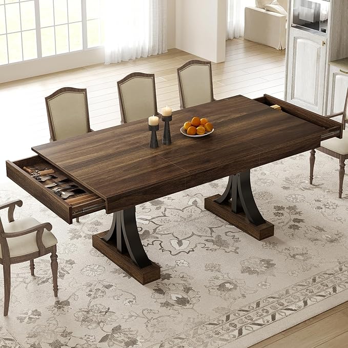 Garvee 71-Inch Dining Table with 2 Drawers,Rectangular Dining Table for 6-8 with Double Pedestal & Sturdy Frame, Industrial Wooden Kitchen Table with Large Tabletop, for Dinner, Walnut