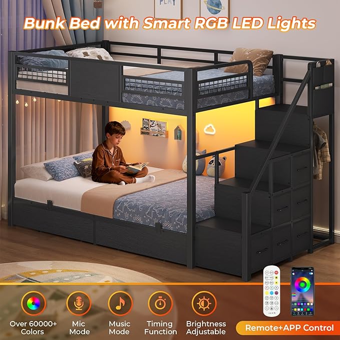 BTHFST Bunk Bed Twin Over Twin with Stairs, LED Lights Twin Bunk Bed with 2 Storage Drawers & 6 Fabric Drawers, Metal Twin Loft Beds with Guardrail & Stairs, Space Saving, Sturdy Frame for Teens