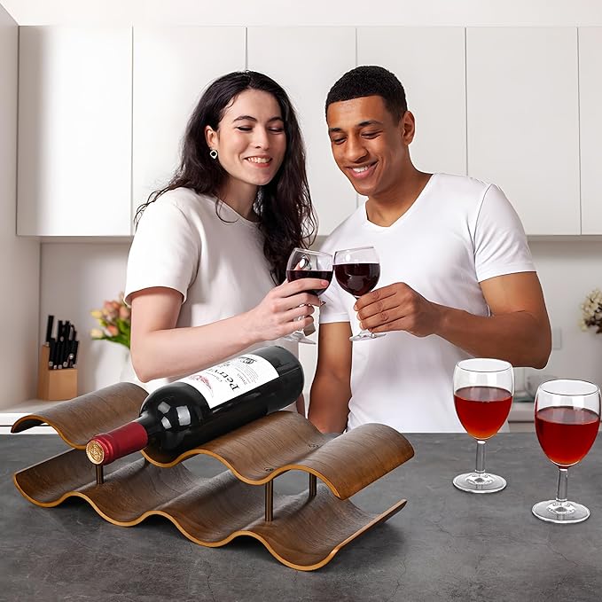 Countertop Wine Rack - 7 Bottle Freestanding Wine Bottle Holder Stand - 2 Tier Wooden Wine Storage Rack - Walnut Wavy Wine Organizer for Cabinet Pantry Home Kitchen Bar