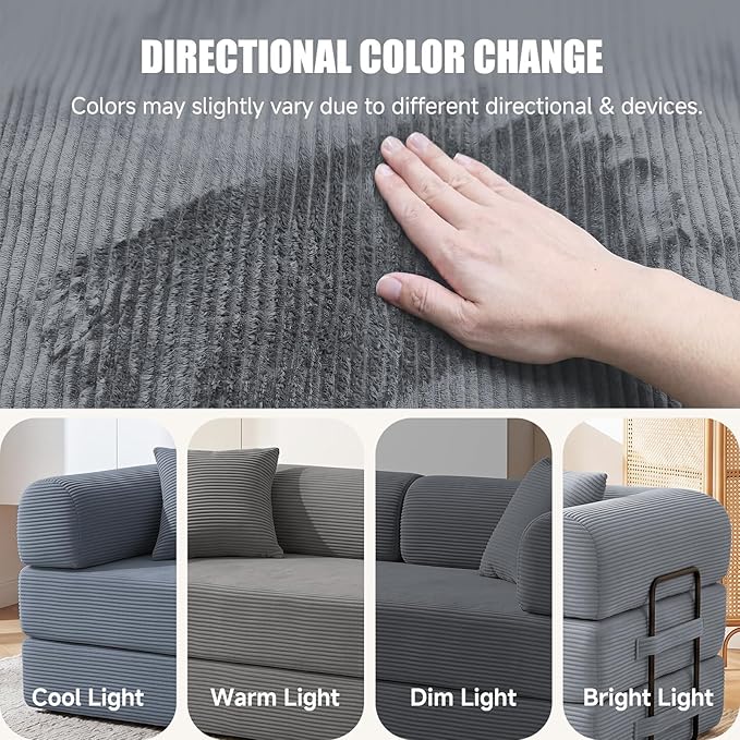 79” Compressed Sofa, 6-in-1 Convertible Sofa Bed, Corduroy Compression Boneless Couch in a Box, Comfy Modular Foldable Floor Sleeper Sofa for Bedroom, Living Room (Dark Gray)