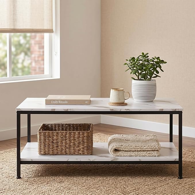 SUPER DEAL 2-Tier Coffee Table with Storage Shelf for Small Apartment Living Room, Rectangle Wood and Stable Metal TV Stand Side End Table, White Marble