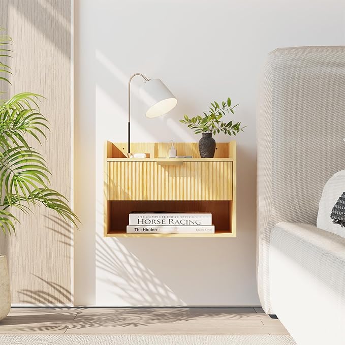 Arbuxzuy Floating Nightstand Set of 2 with Charging Station, Modern Wall Mounted Bedside Table with Drawer & Open Shelf, Made of Minimalist Wood for Bedroom (Light Brown)