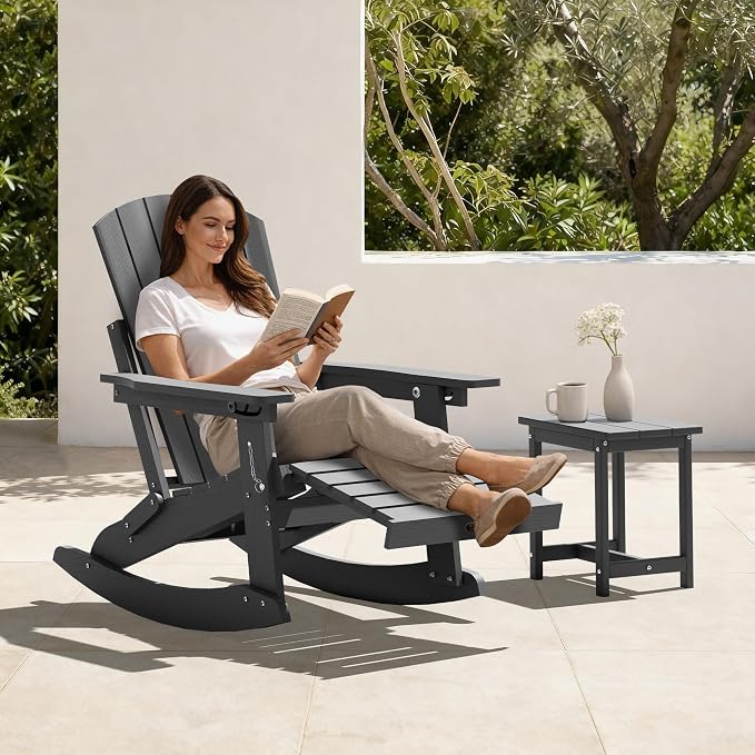 Adjustable Adirondack Rocking Chair Set of 4 with Retractable Ottoman Footrest, 4-in-1 Foldable HDPE Outdoor Rocker, Weather Resistant Adirondack Chair for Porch, Garden & Poolside, Grey