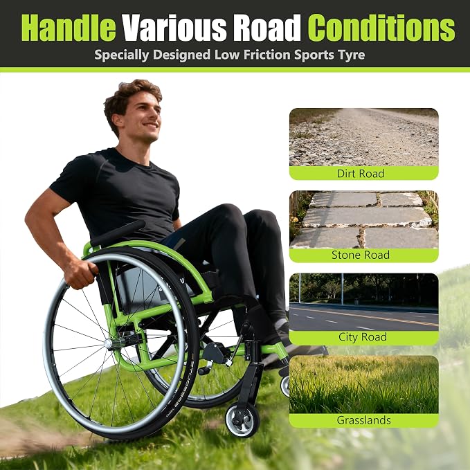 14" W x 14" D Seat Ultra-Light 24 lbs Aluminum Wheelchair for Adults, Foldable & Portable with 24" Quick-Release Wheels - 250 lbs Capacity Sport & Travel Chair(Green)