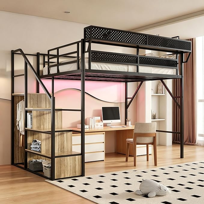 Queen Size Metal Loft Bed with LED Lights and USB Charging Port, Storage Shelf, Reversible Storage Stairs with Wardrobe, Heavy Duty Noise-Free Design, Large Under Bed, No Box Spring Needed