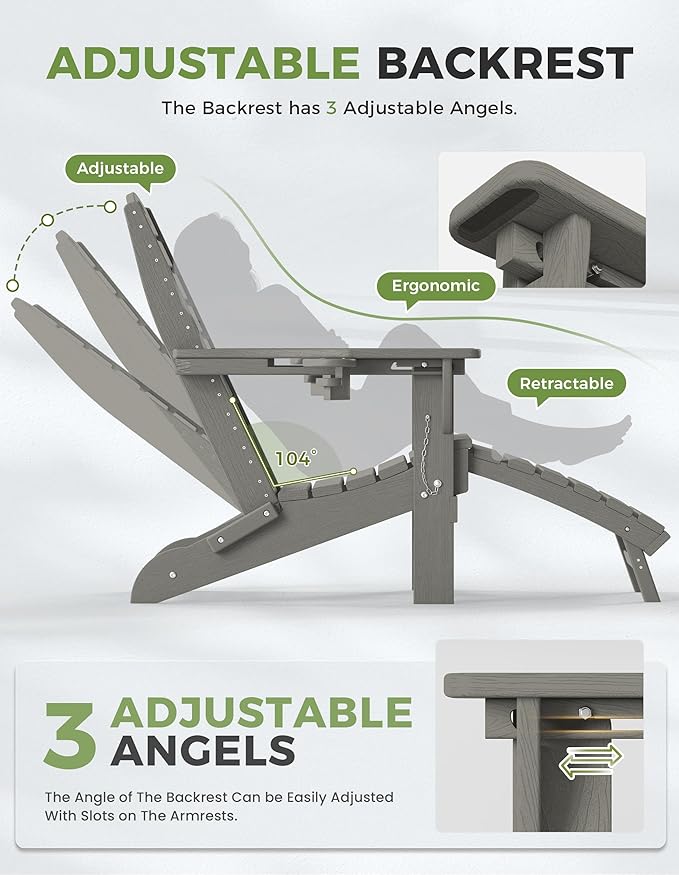 Ciokea Folding Adirondack Chair Set of 2 with Retractable Ottoman Fire Pit Patio Chair with Pull Out Foot Rest Weather Resistant Lawn Outdoor Chair with 2 Cup Holder (Gray)
