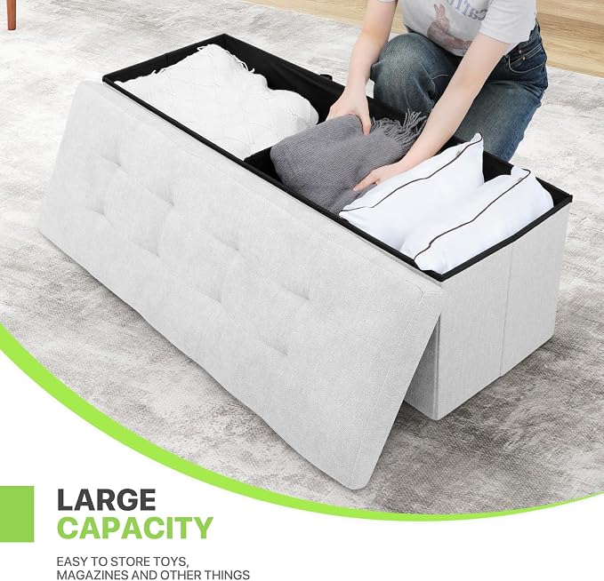 Magshion Folding Storage Ottoman Bench, 43 Inches Ottoman Foot Rest, Large End of Bed Bench, Storage Chest for Living Room, Entryway, Bedroom, 600 lbs Load Capacity, 15 x 43 x 15 Inches, Light Gray