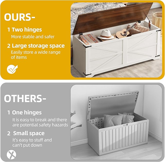 DWVO Storage Bench, 47.2" Farmhouse Storage Chest with 2 Safety Hinges, Wooden Utility Organizer, Shoe Bench for Entryway, Bedroom, Living Room, White and Walnut