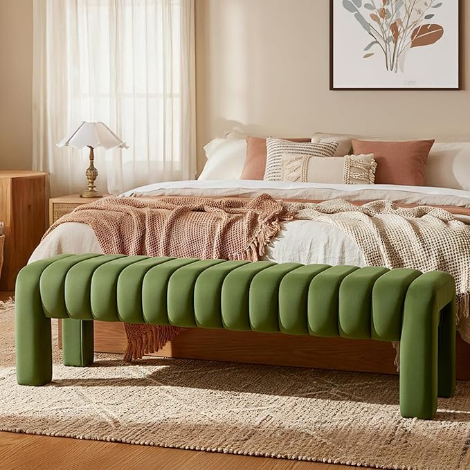 63” Dining Room Bench, Olive Green Tufted Upholstered End of Bed Bench, Modern Entryway Ottoman Window Seat with Solid Wood Legs and Padded Seat for Bedroom, Hallway and Living Room (Velvet)