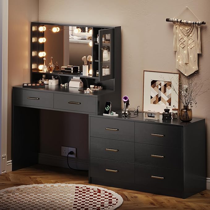 Makeup Desk with Drawers & Cabinet & Dresser, Black Vanity Table with Drawer Dresser, Large Vanity Table with 8 Drawers, Vanity Desk with Large Mirror and 3-Color Lights for Girls, Dressing Table 59"