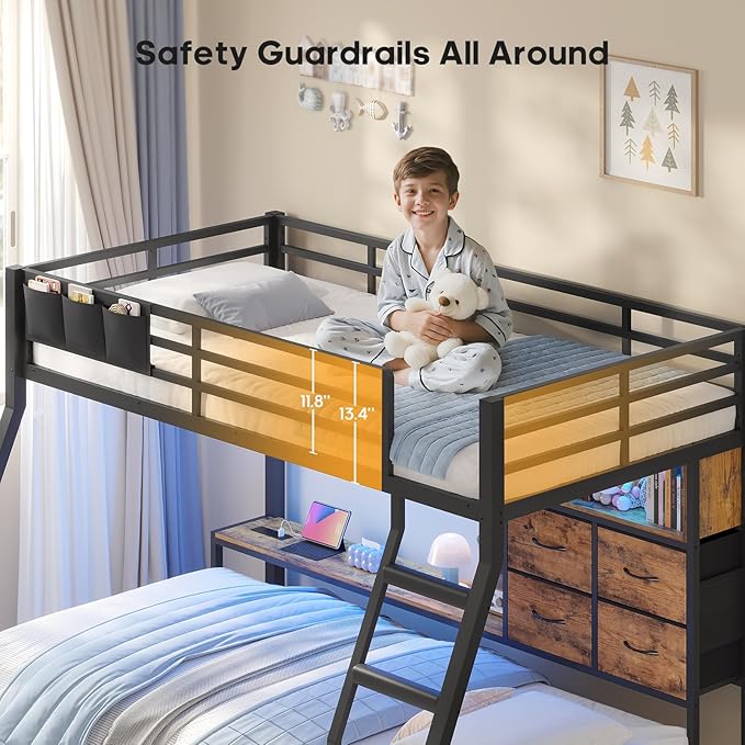 BTHFST Bunk Bed Twin Over Twin with 4 Storage Drawers & Shelves & Bedside Caddy, Twin Bunk Beds with LED Lights & Charging Station, Metal Loft Bed with Angled Ladder & Safety Guardrail, Rustic Brown