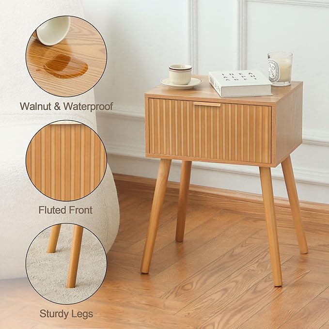 AWASEN Fluted Nightstand, Small Bedside Table with Storage Drawer, Accent End Table Living Room for Bedroom and Small Space, Brown